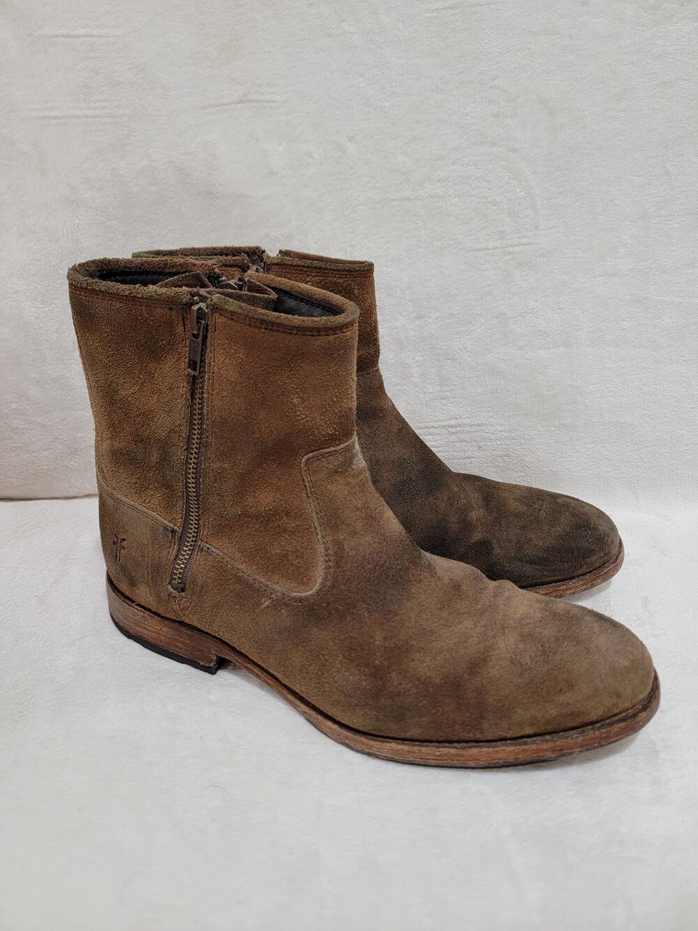 Frye Ethan Double Zip Boots Mens 9.5 D Tan Suede Distressed Roughout Leather